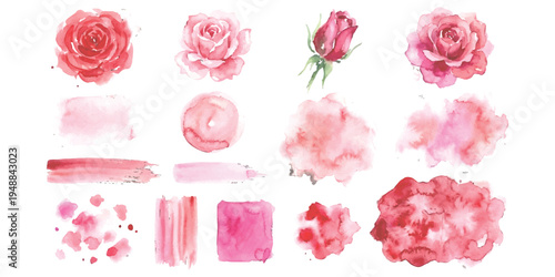 Beautiful red and pink watercolor rose flowers with abstract paint stains and brush strokes set vector illustration.