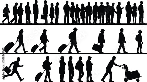 A collection of black silhouettes depicting various people standing in lines and carrying luggage