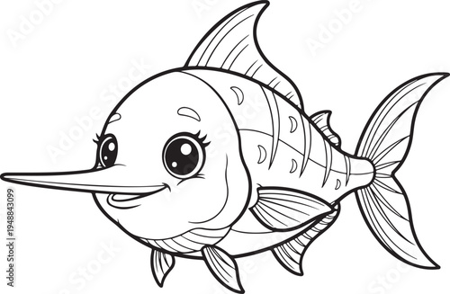 Adorable cartoon swordfish illustration with big eyes and a long bill for coloring pages, Generative Ai