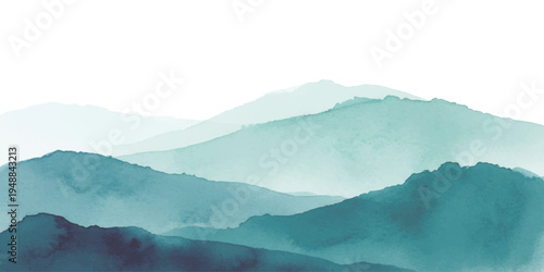 Abstract watercolor mountain landscape background with tranquil teal and blue gradient rolling hills vector illustration.