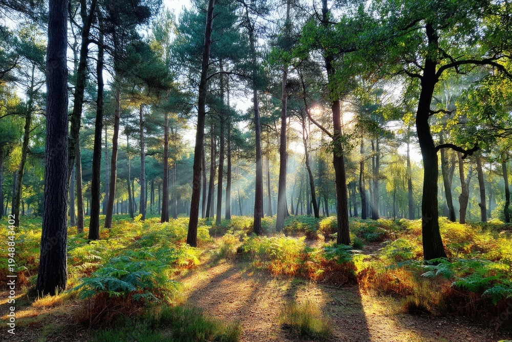 Fototapeta premium Sunlight streams through tall trees in a vibrant, verdant forest, casting long shadows