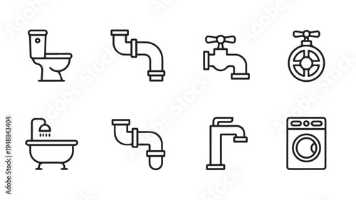 Modern Outline Icons Collection of Essential Plumbing Fixtures and Home Appliances for Bathroom and Kitchen Design