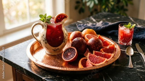 A decorative ceramic pitcher filled with a vibrant blood orange drink sits on a polished copper tray with fresh citrus fruits