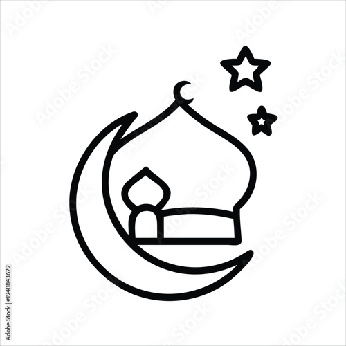 A mosque silhouette under a crescent moon and stars