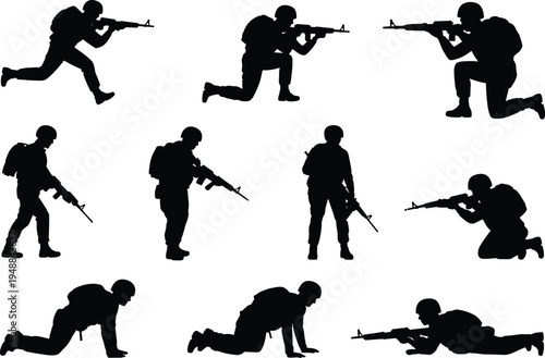 Military soldier silhouettes collection with combat poses army troops aiming rifles tactical vector set