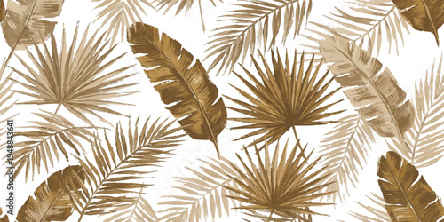 Tropical seamless pattern with abstract brown and beige palm tree leaves on white background vector illustration.