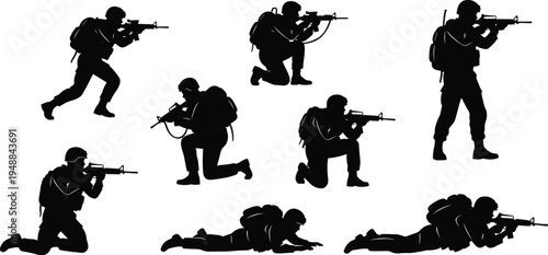 Military soldier combat silhouettes collection with tactical army troops aiming rifles vector illustration set