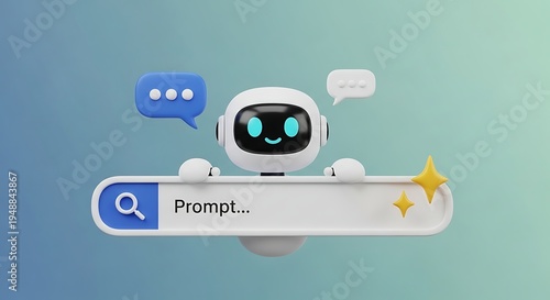 Cute robot with speech bubbles and a search bar, symbolizing AI and chatbots.
