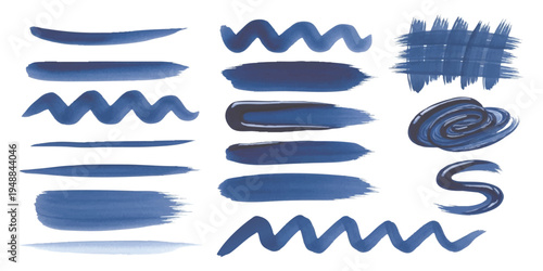 Set of abstract blue watercolor paint brush strokes and wave lines design elements.