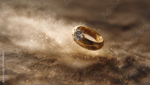 A gold ring with a single clear stone hovers mid-air