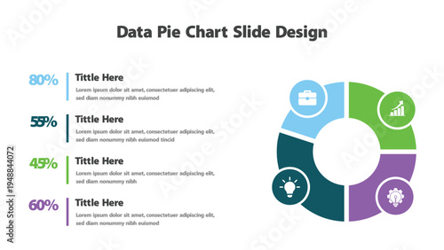 Colorful data pie chart with business icons and percentage breakdown for presentation slides