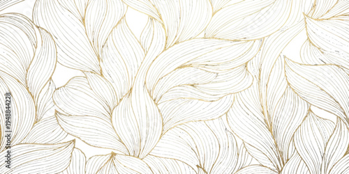 Abstract elegant golden line art floral and leaf background with delicate wavy foliage curves vector illustration.