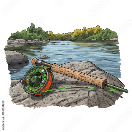 Fly fishing rod and reel on a rocky river bank with forest background in hand drawn vintage style