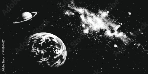 Vintage black and white outer space scene with planets, glowing nebula, and stars in retro stipple texture vector illustration.