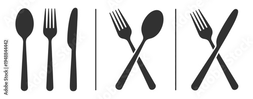 Fork, knife, and spoon icons set, cutlery flat symbols, dinner service, restaurant, cafe, tableware, cooking, and kitchen vector illustrations for apps, menus, and websites.