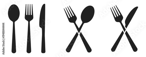 Set of fork, knife, spoon icons, cutlery symbols, flat style, dinner service signs, restaurant, cafe, kitchen, tableware vector illustration collection for design projects.