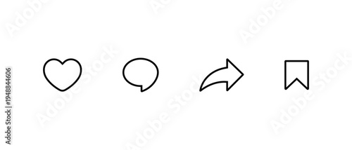 Like, comment, share, and save outline icon. Heart, speech bubble, repost, and bookmark symbol