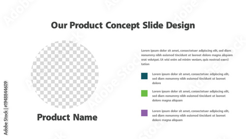 Modern product concept slide layout with image placeholder and detailed text sections