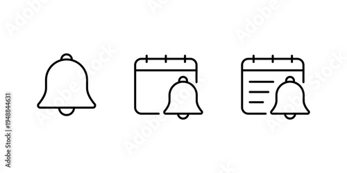 Notification reminder icon set. Bell calendar outline symbol. Date alert sign