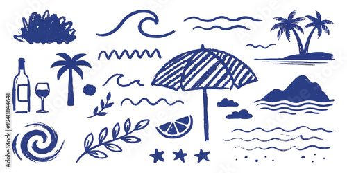 Set of hand drawn summer beach holiday vacation elements in blue rough sketch crayon style vector illustration.