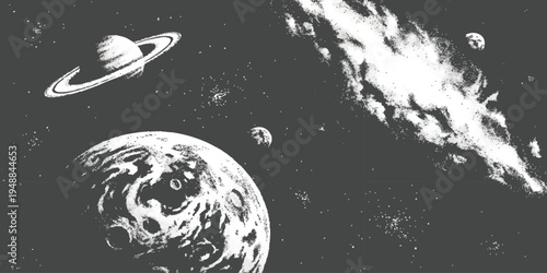 Monochromatic retro textured space illustration featuring detailed planets, bright cosmic nebula streak, and starry galaxy vector illustration.