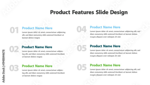 Numbered product features presentation slide layout displaying key information points