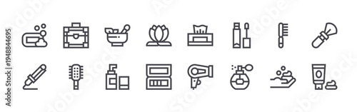 set of 16 thin line beauty icons such as soap, hair curler, make up box, hairbrush, herbal, moisturizer, lotus, eyeshadow, tissue. editable stroke vector illustration isolated on white