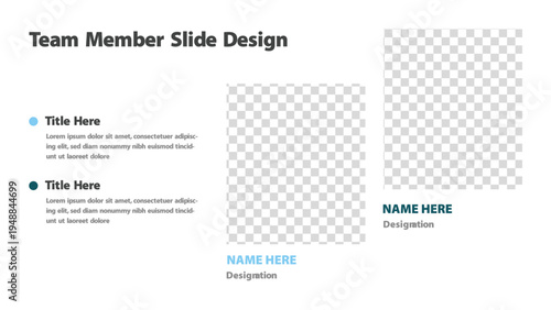 Presentation slide template for introducing team members with descriptions and images