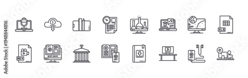 set of 16 thin line elearning icons such as microphone, mkv, cloud, elearning, online education, university, exam, ebook, chemistry. editable stroke vector illustration isolated on white