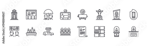 set of 16 thin line funeral icons such as mausoleum, talk, funeral, candles, funeral, hearse, cardiogram, cemetery, death. editable stroke vector illustration isolated on white