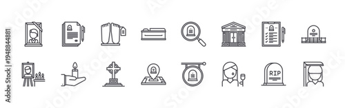 set of 16 thin line funeral icons such as photography, photography, funeral, candle, dead body, grave, coffin, funeral, editable stroke vector illustration isolated on white