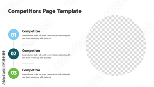 Slide for competitor analysis featuring three numbered sections and image area