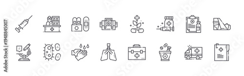 set of 16 thin line medical services icons such as syringe, microscope, receptionist, bacteria, plaster, washing hands, first aid bag, lungs, capsule. editable stroke vector illustration isolated on
