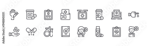 set of 16 thin line medicine icons such as hand, hand, medicine, pills, clipboard, test tubes, medical folder, medical book, hospital. editable stroke vector illustration isolated on white