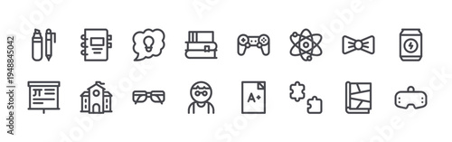 set of 16 thin line nerd icons such as pen, presentation, notebook, college, idea, nerd, books, nerd, game controller. editable stroke vector illustration isolated on white