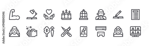set of 16 thin line mental health icons such as strong, despair, studying, hand wash, love, vegetables, candle, crafts, bird cage. editable stroke vector illustration isolated on white