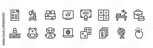 set of 16 thin line nerd icons such as exam, skills, microscope, school bag, books, robot, blackboard, molecule, diploma. editable stroke vector illustration isolated on white