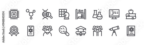 set of 16 thin line nerd icons such as cpu, awards, molecules, molecule, dna, nerd, chess, bacteria, library. editable stroke vector illustration isolated on white