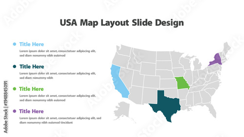 United States political map with highlighted states and descriptive text areas