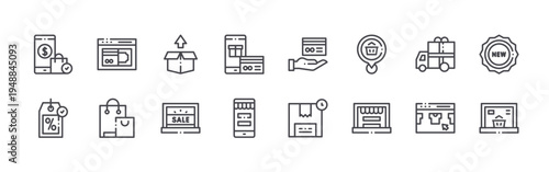 set of 16 thin line online shopping icons such as shopping bag, shopping tag, online payment, bags, box, laptop, credit card, online shop, hand. editable stroke vector illustration isolated on white