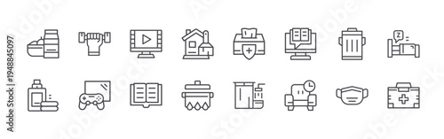 set of 16 thin line quarantine icons such as food, detergent, exercise, gaming, watch movie, book, cleaning, cooking, tissue. editable stroke vector illustration isolated on white