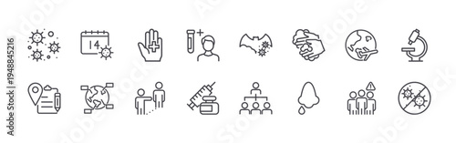 set of 16 thin line virus icons such as coronavirus, document, day, world, hand wash, long distance, blood test, injection, bat. editable stroke vector illustration isolated on white