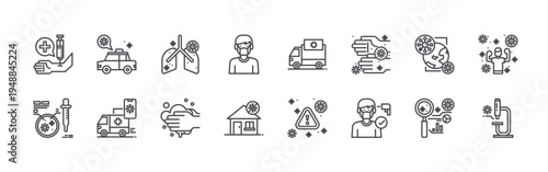 set of 16 thin line virus icons such as syringes, petri dish, taxi, ambulance, anatomy, washing hand, people, house, ambulance. editable stroke vector illustration isolated on white