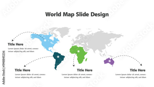 World map infographic slide design with highlighted continents for global data