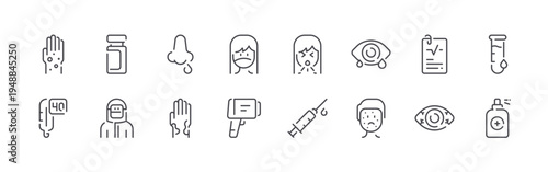 set of 16 thin line virus transmission icons such as hand, temperature, jar, man, e, hand, woman, temperature control, cough. editable stroke vector illustration isolated on white