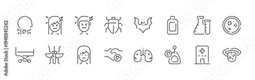 set of 16 thin line virus transmission icons such as sore throat, couch, headache, mosquito, headache, woman, insect, handshake, bat. editable stroke vector illustration isolated on white