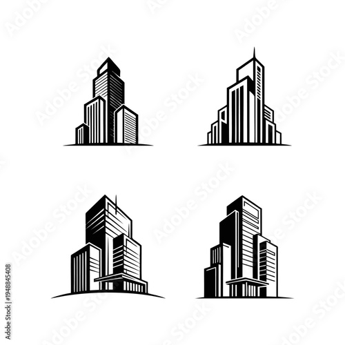 Set of black and white skyscraper building icons for real estate and architectural logo design. Vector modern city skyline symbols isolated on white background
