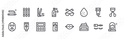 set of 16 thin line beauty icons such as eyebrow pencil, face mask, cotton bud, sunscreen,, eyeshadow, shampoo, hair spray, eyeglasses. editable stroke vector illustration isolated on white