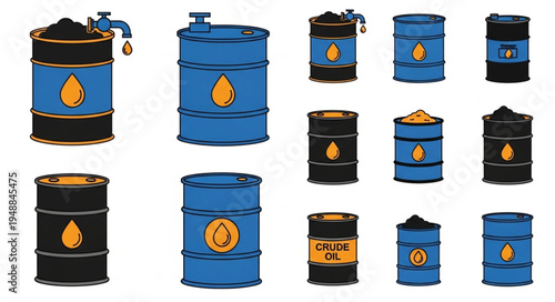 Collection of Oil Barrels with Oil Drop Symbol.
