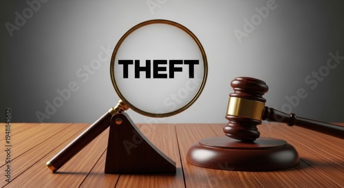 Magnifying glass revealing theft symbol next to courtroom gavel, representing legal investigation into crime and justice.